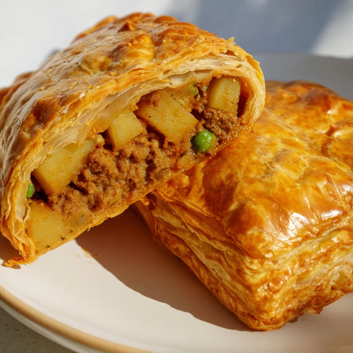 Savory curry puffs with beef filled with aromatic potatoes, peas, and seasoned meat