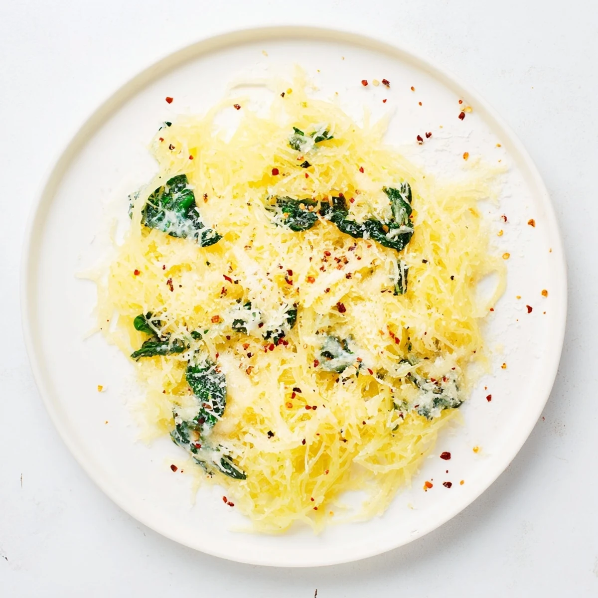 Creamy Boursin spaghetti squash in a white bowl topped with Parmesan and fresh green spinach leaves