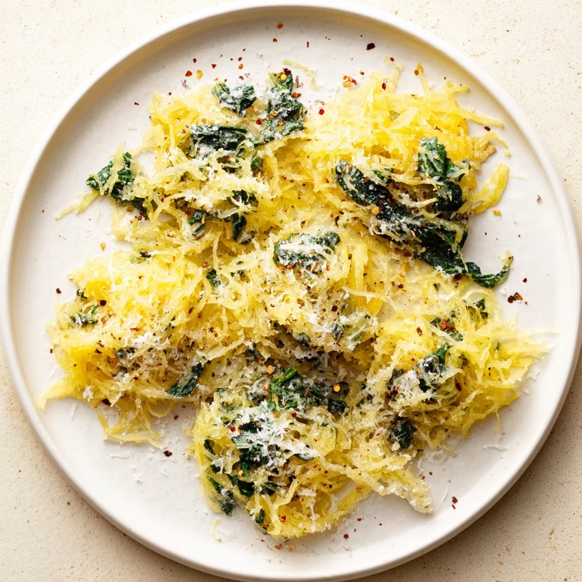 Golden baked spaghetti squash strands tossed in melted Boursin cheese with wilted spinach and savory garlic