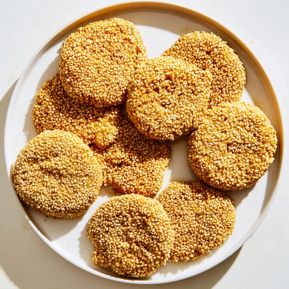 Golden brown easy chewy sesame honey cookies scattered with toasted seeds on a white plate