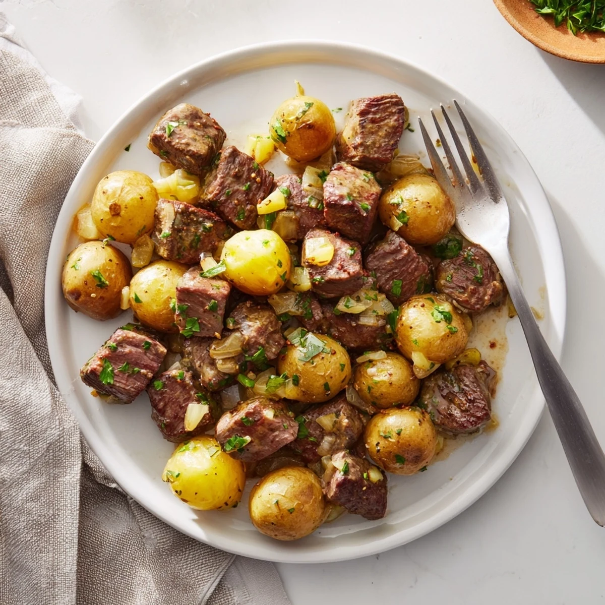 Slow cooker garlic butter steak bites with golden potatoes in a rich buttery sauce garnished with fresh parsley