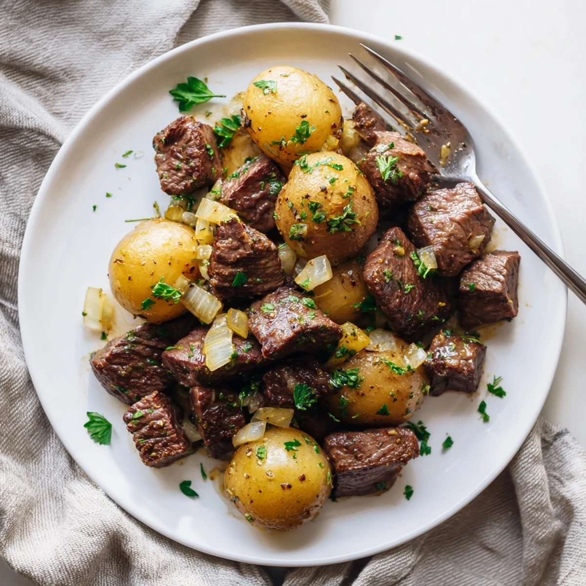 Savory slow cooker garlic butter steak bites nestled beside tender baby potatoes topped with chopped green parsley