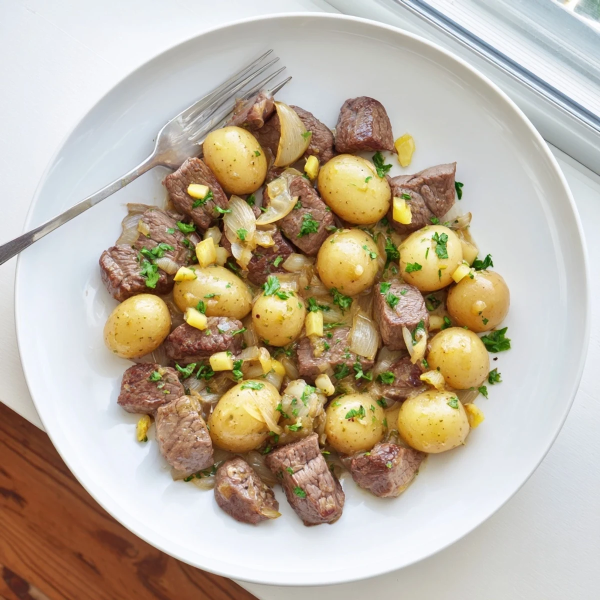 Tender steak cubes and baby potatoes coated in garlic butter sauce slow cooked to melt-in-your-mouth perfection