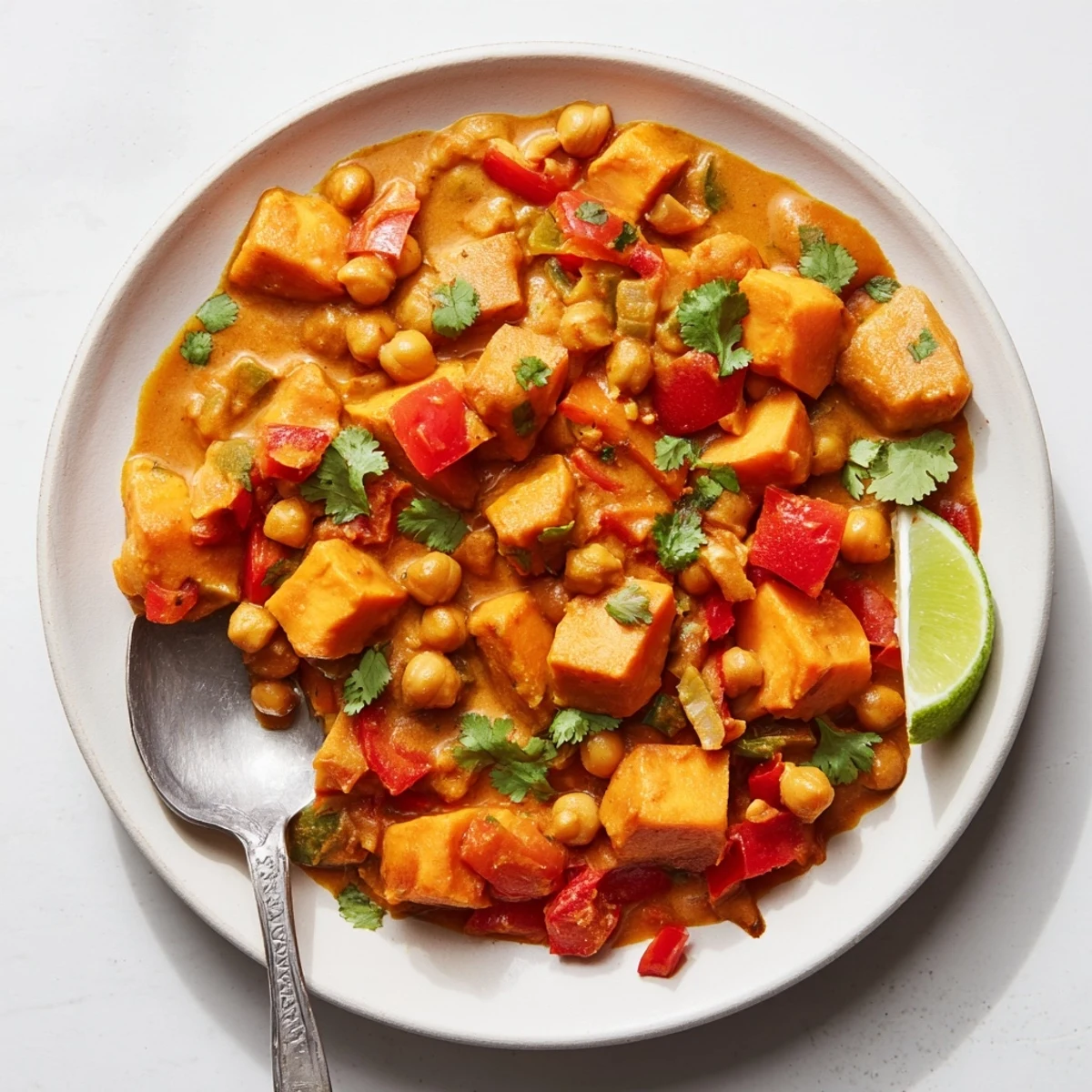Golden chunks of sweet potato and tender chickpeas simmered in rich spiced coconut tomato sauce