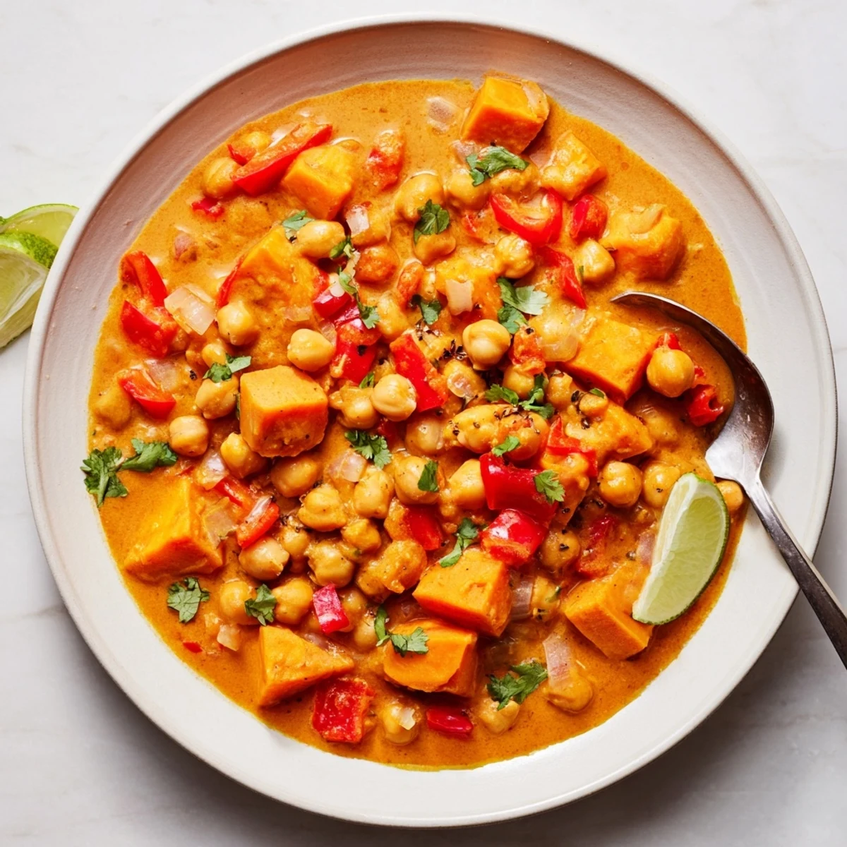 Creamy chickpea and sweet potato curry served in a white bowl over fluffy basmati rice