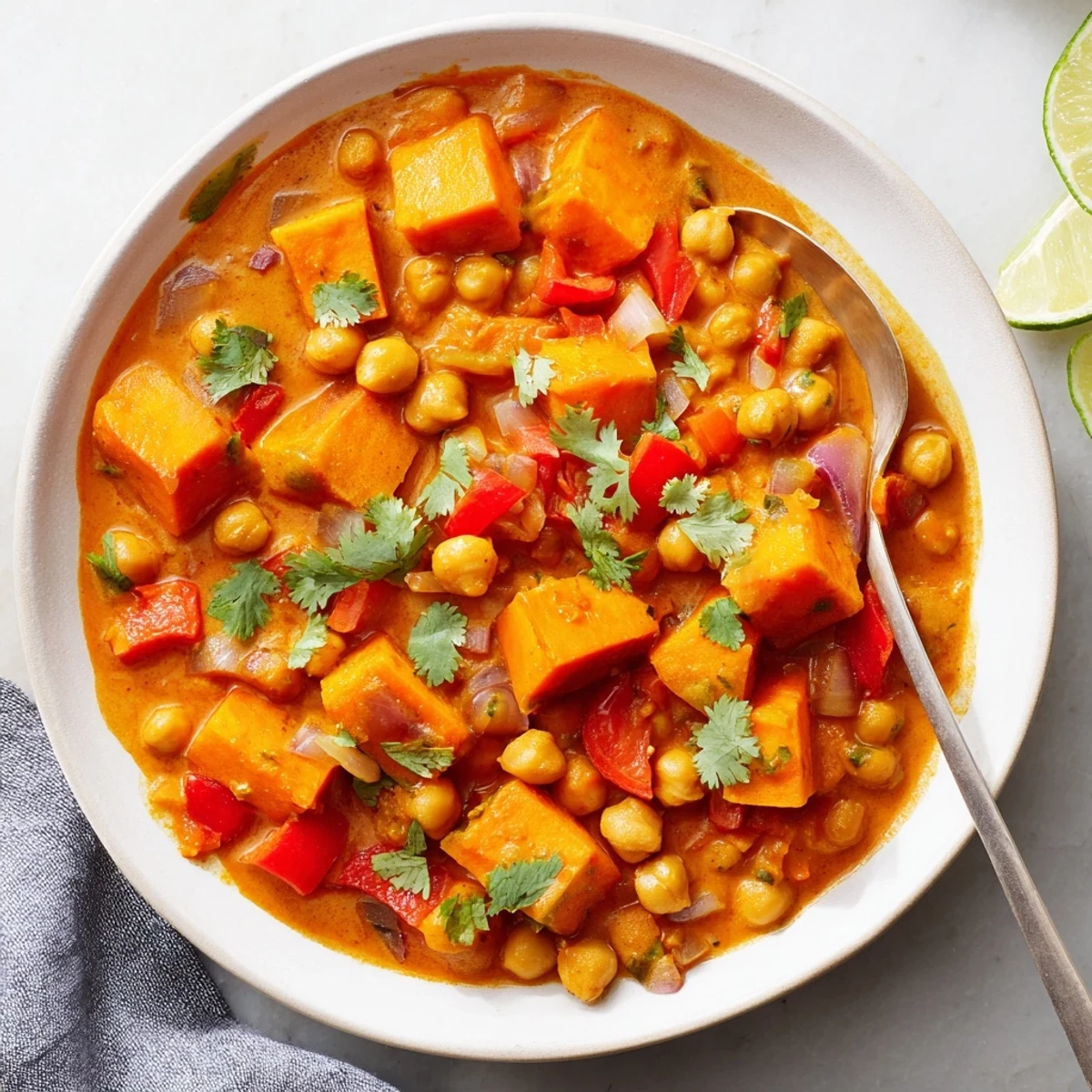 Vegan chickpea and sweet potato curry garnished with fresh cilantro and lime wedges on a rustic wooden table