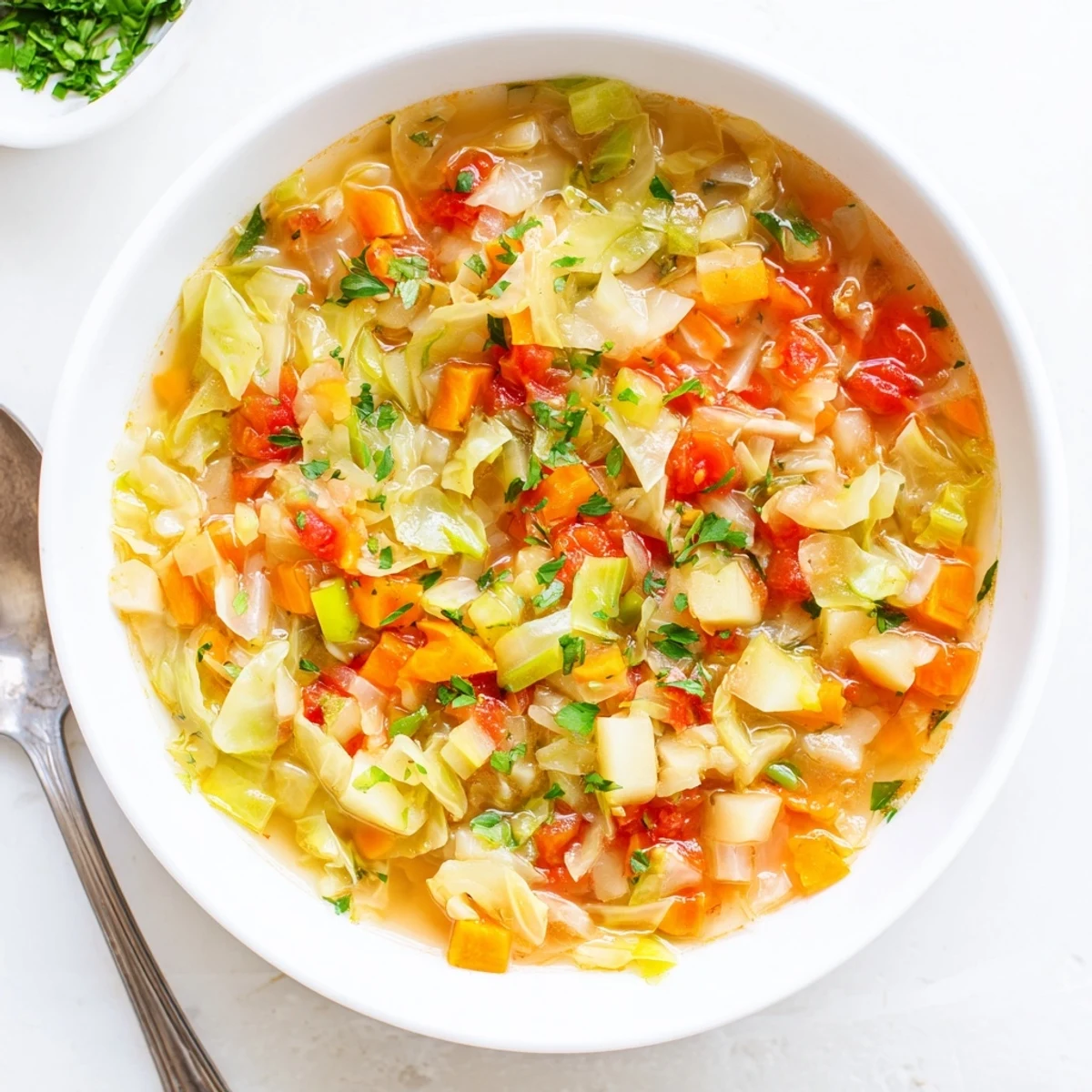 Hearty cabbage soup bubbling in a pot with colorful vegetables and tender green cabbage shreds