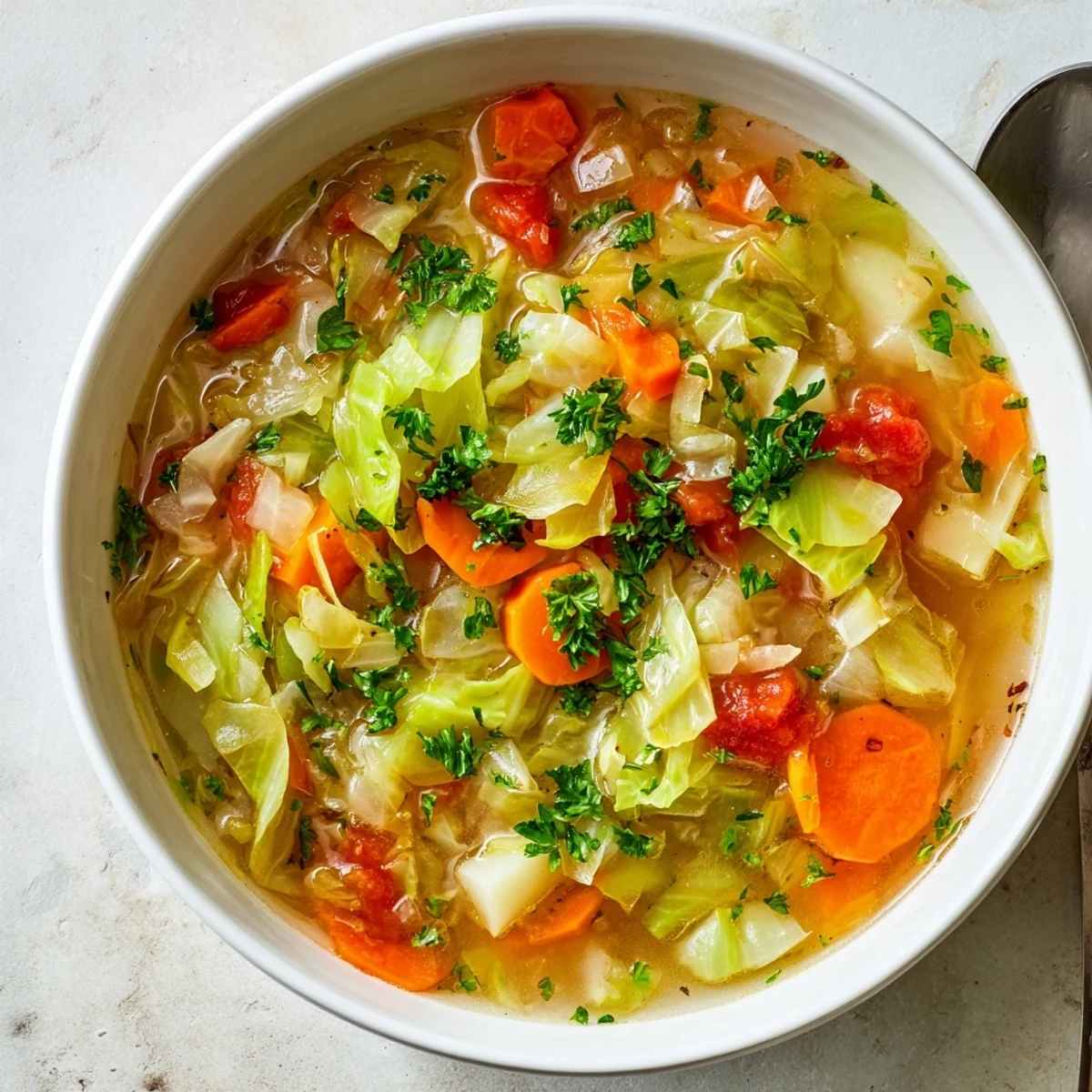 Golden cabbage soup served hot with fresh parsley garnish and rustic bread on the side