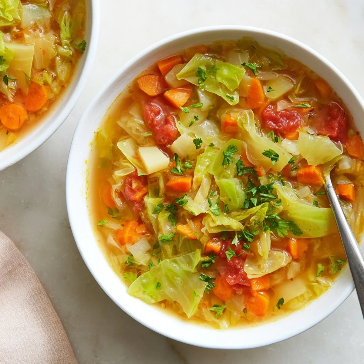 Steaming bowl of vegan cabbage soup filled with carrots, celery, and fragrant herbs in broth