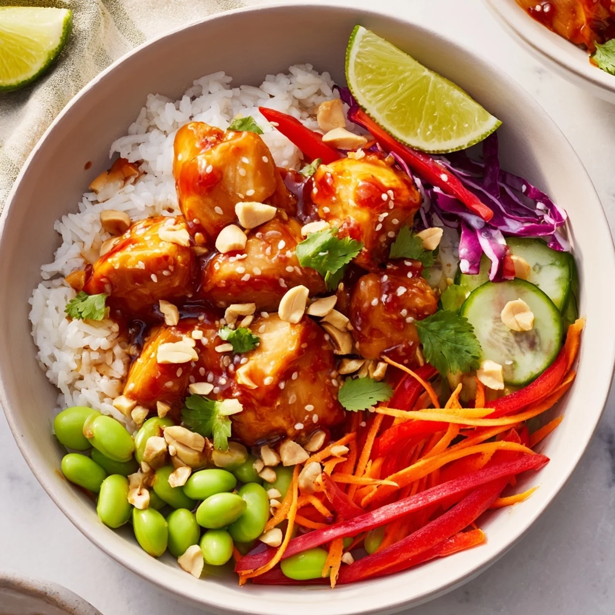 Golden glazed chicken over fluffy jasmine rice with crisp vegetables and zesty lime drizzle in Thai sweet chili chicken Buddha bowls