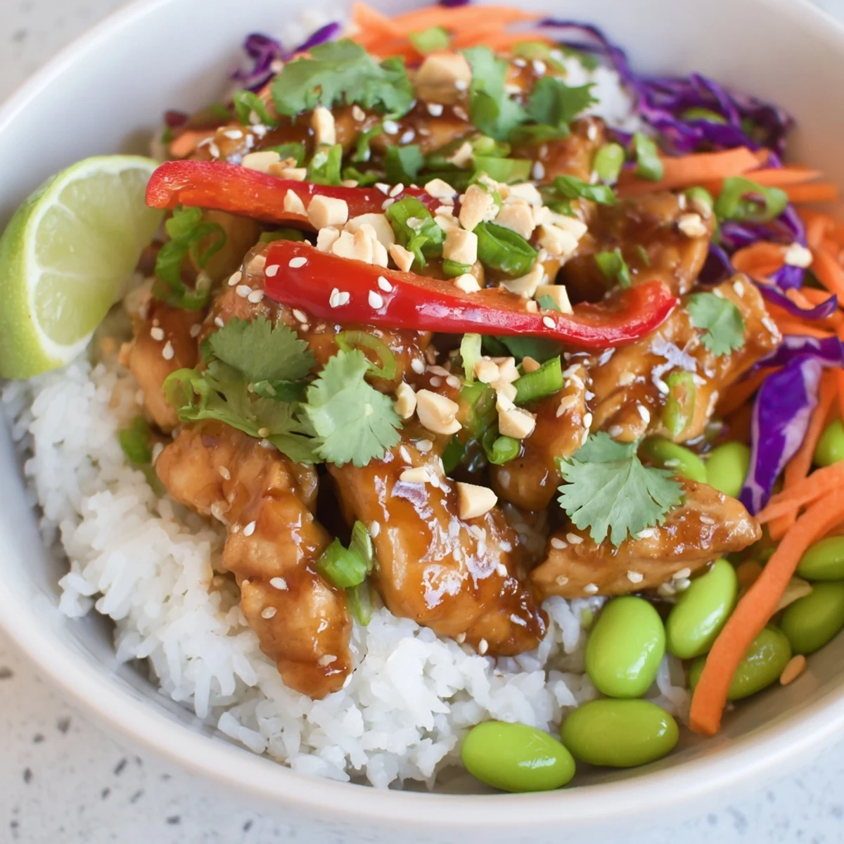 Healthy Thai sweet chili chicken Buddha bowls with tender glazed meat over rice with fresh vegetables and cilantro