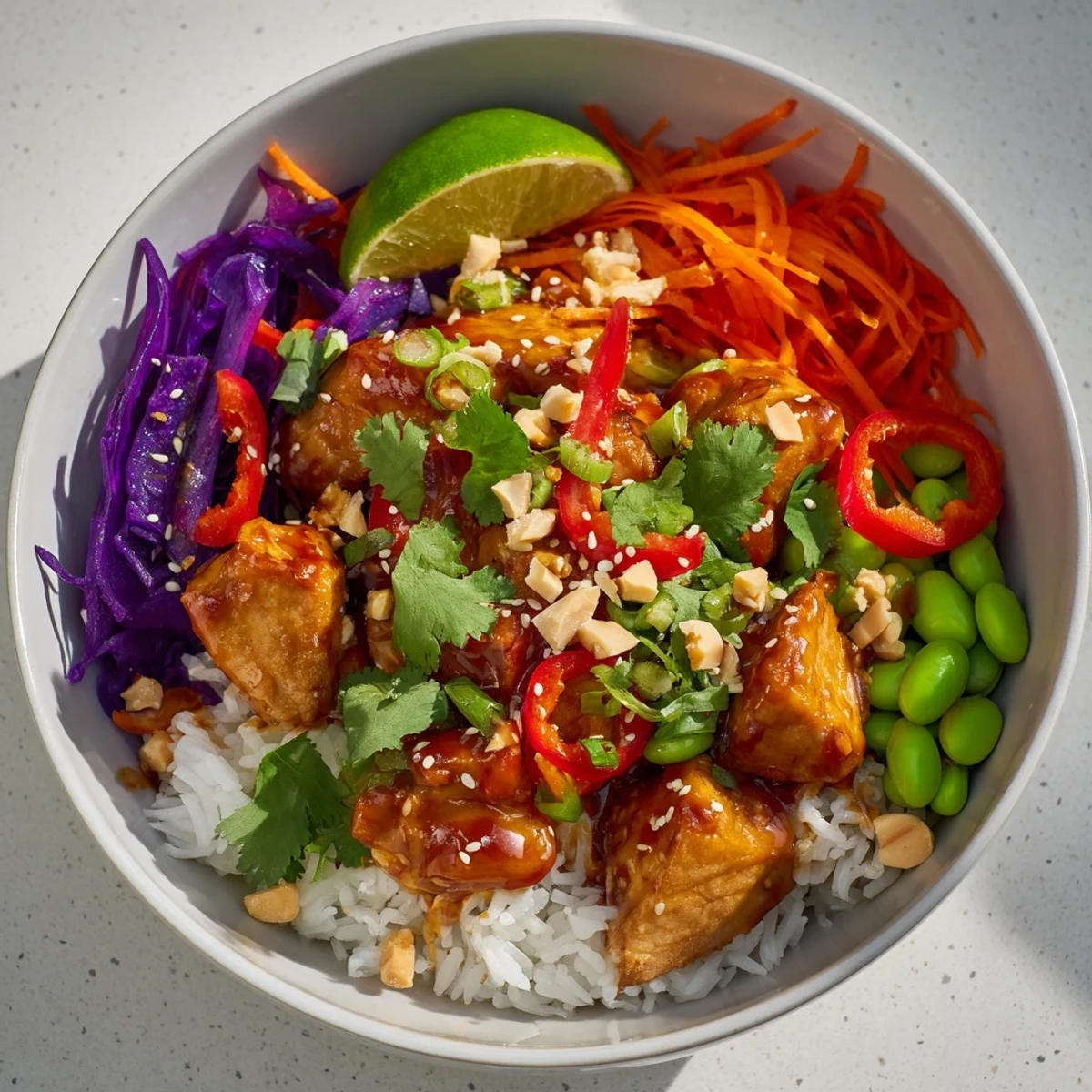 Colorful bowl featuring Thai sweet chili chicken atop purple cabbage cucumber and peppers garnished with roasted peanuts