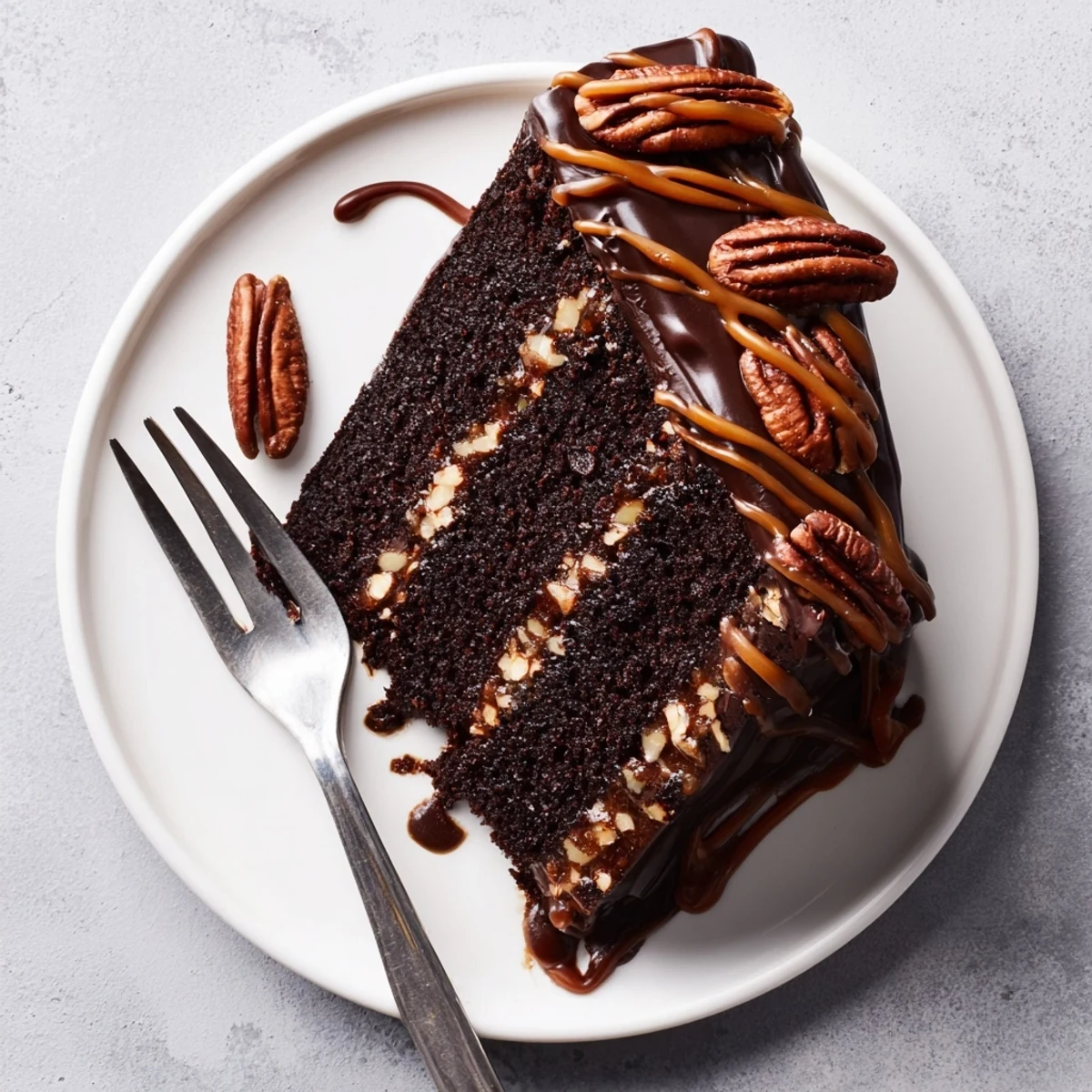 Decadent chocolate turtle cake with gooey caramel, crunchy pecans, and glossy ganache dripping down the sides
