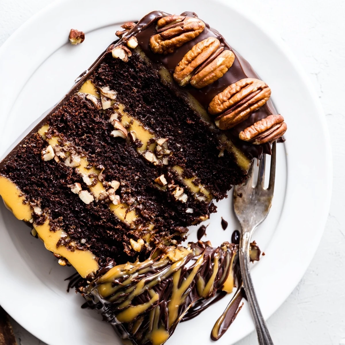 Slice of decadent chocolate turtle cake revealing layered caramel filling and toasted pecans between rich chocolate tiers