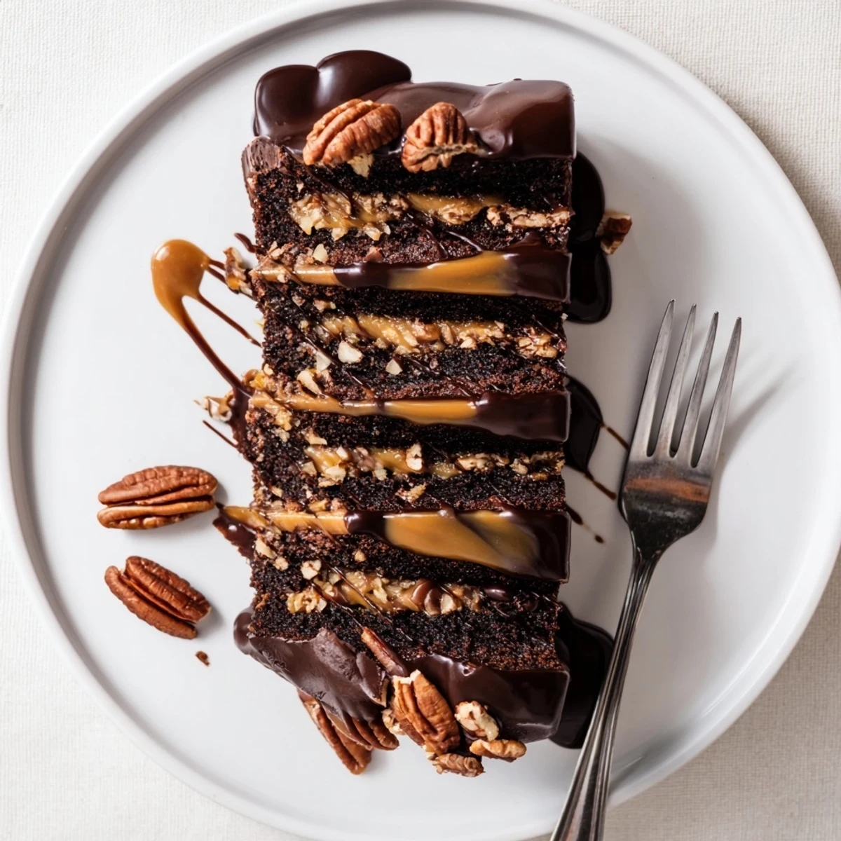 Whole decadent chocolate turtle cake topped with caramel drizzle and pecan halves on a serving platter