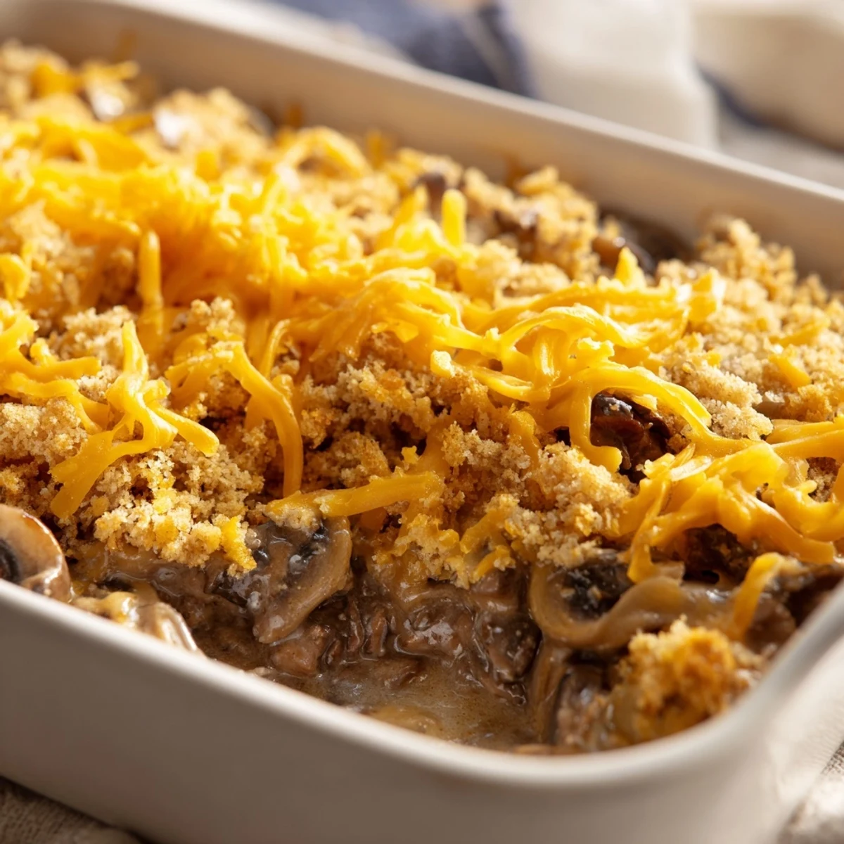 Hearty hamburger mushroom bake with savory beef, sliced mushrooms, and golden crispy topping