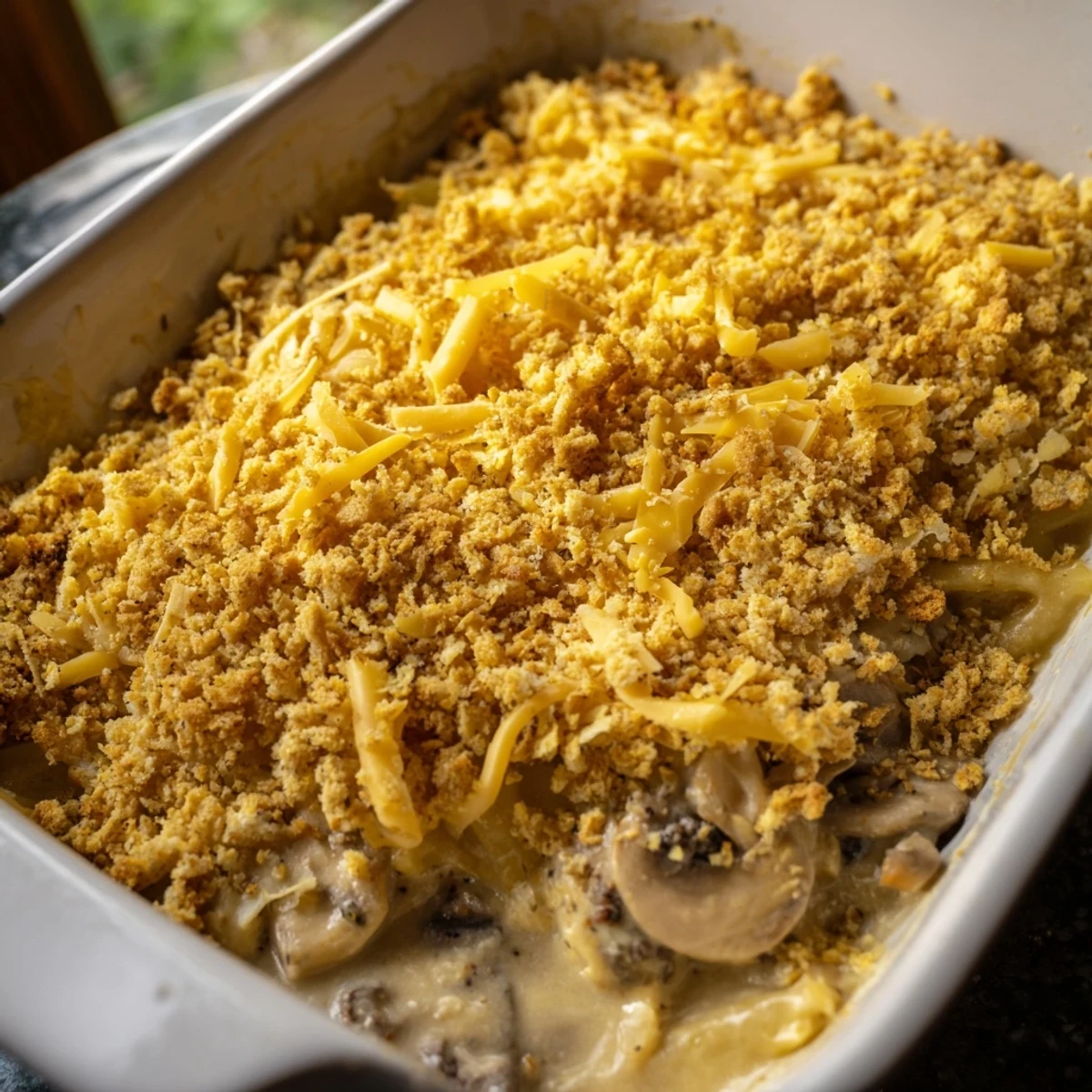 Golden-topped hamburger mushroom bake casserole with melted cheddar and buttery breadcrumb crust