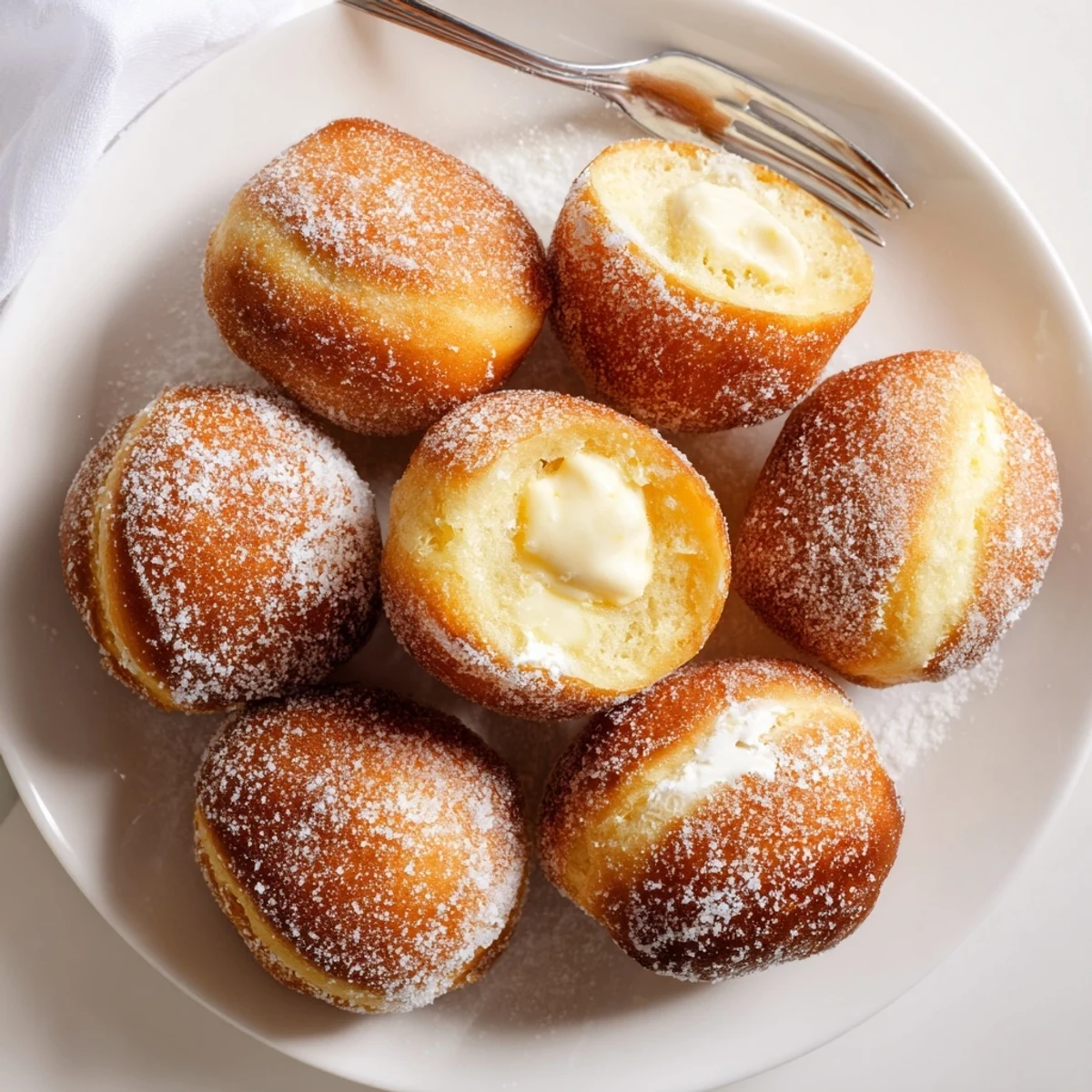 Golden brown Italian bomboloni cream donuts generously filled with smooth vanilla pastry cream and dusted with sugar
