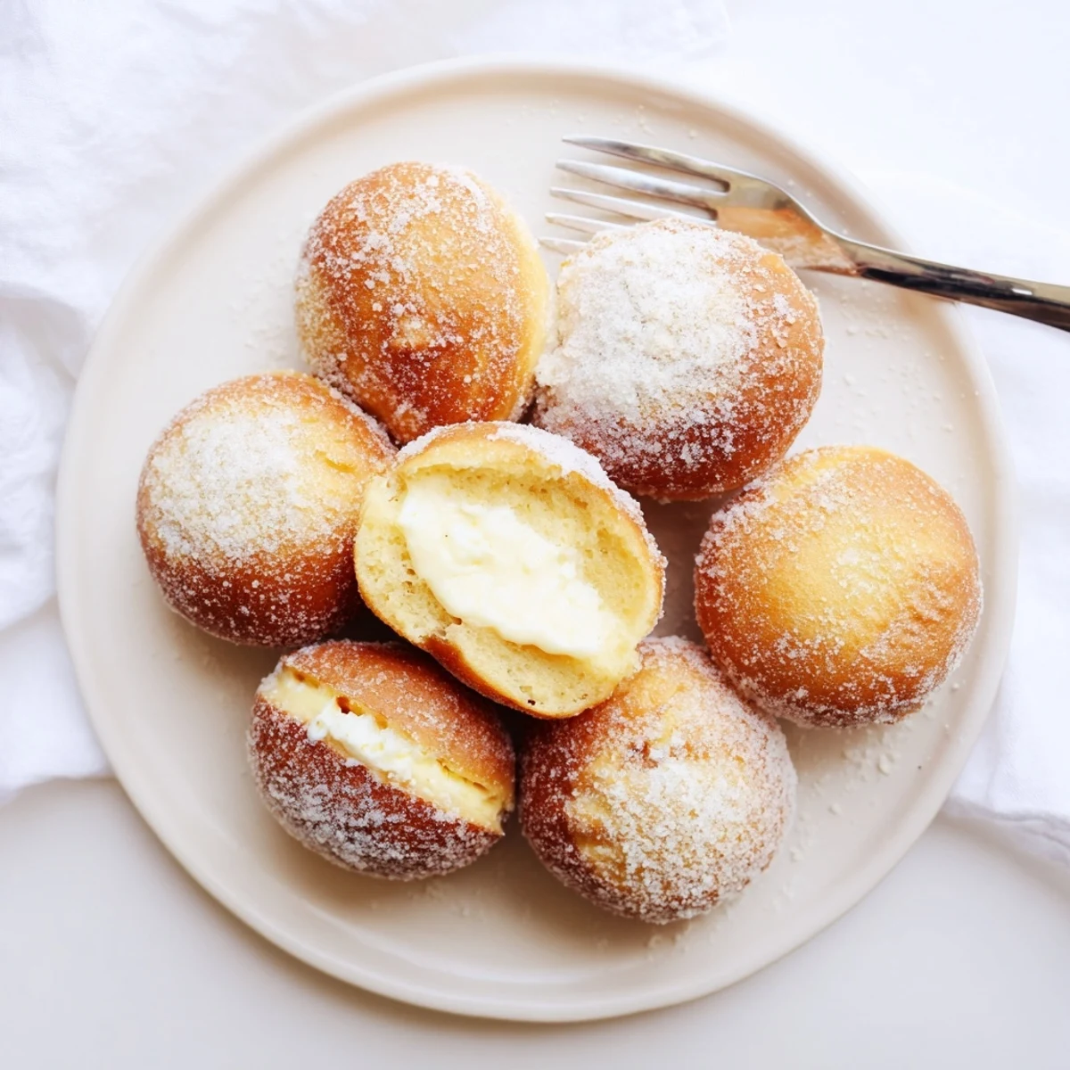 Soft pillowy bomboloni donuts freshly fried and coated in sparkling sugar with rich creamy center visible