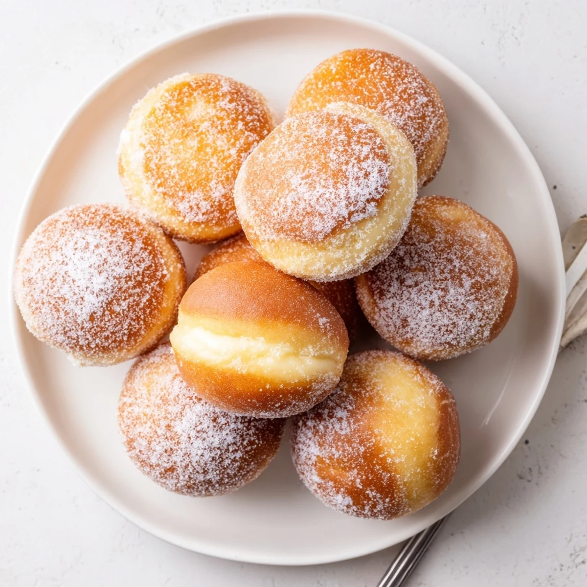 Homemade bomboloni cream donuts piled on a serving plate with golden pastry cream oozing from the center