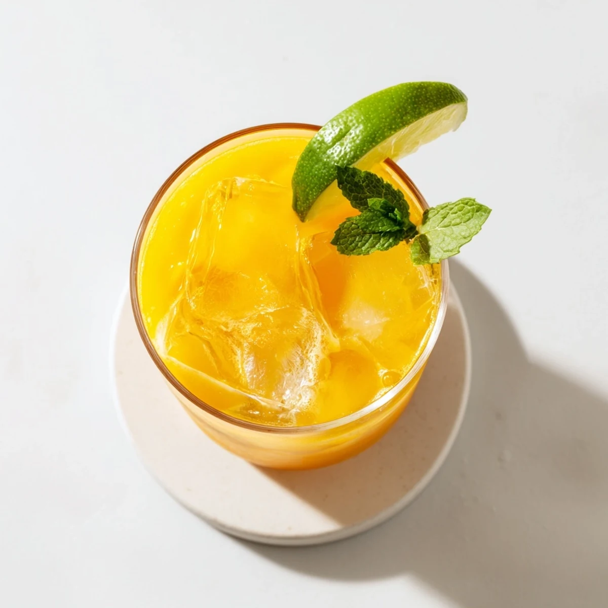 Golden mango ginger mocktail served in a clear glass with fresh mango slices and vibrant green mint garnish
