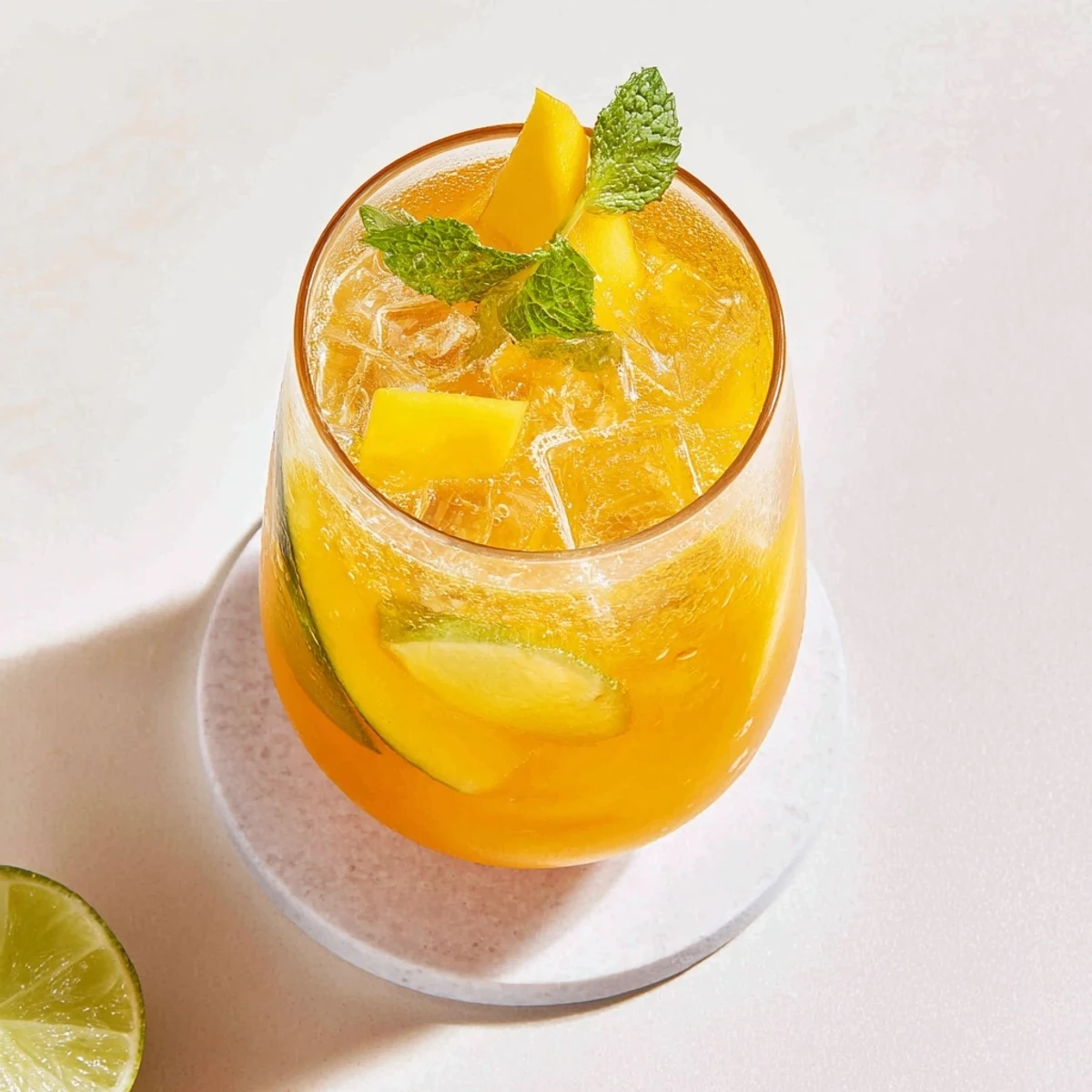 Refreshing non-alcoholic mango ginger mocktail with ice cubes, lime wedge, and fizzy sparkling water topping