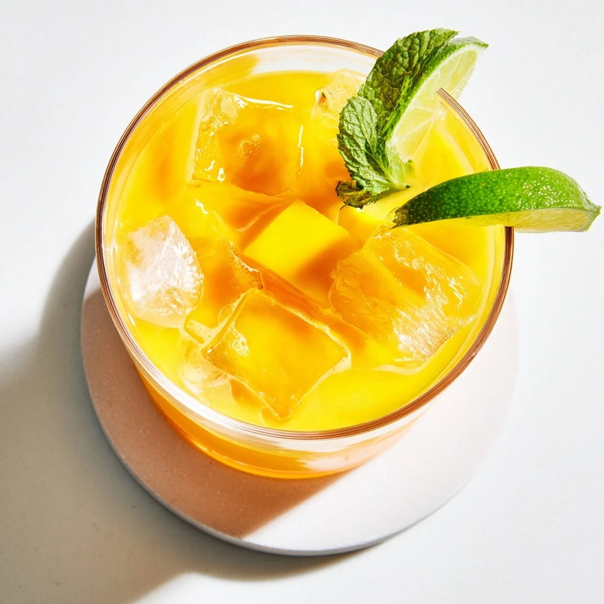 Tall glass of bright yellow mango ginger mocktail garnished with mint sprig on wooden table setting