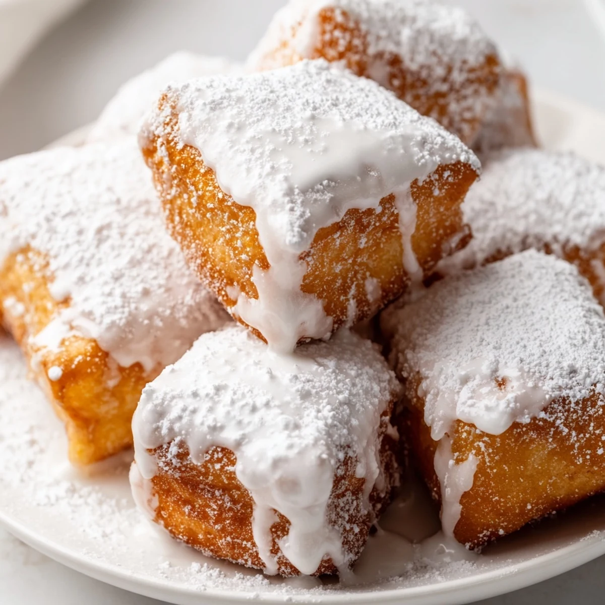 Stack of warm glazed buttermilk beignet squares fresh from frying with a sweet white vanilla coating