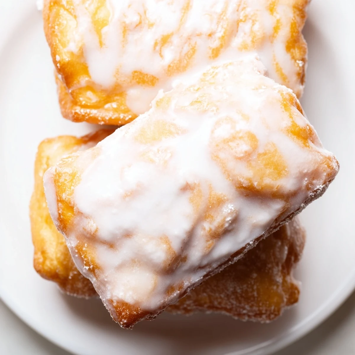 Golden glazed buttermilk beignet squares arranged on a serving plate with vanilla glaze dripping down the sides