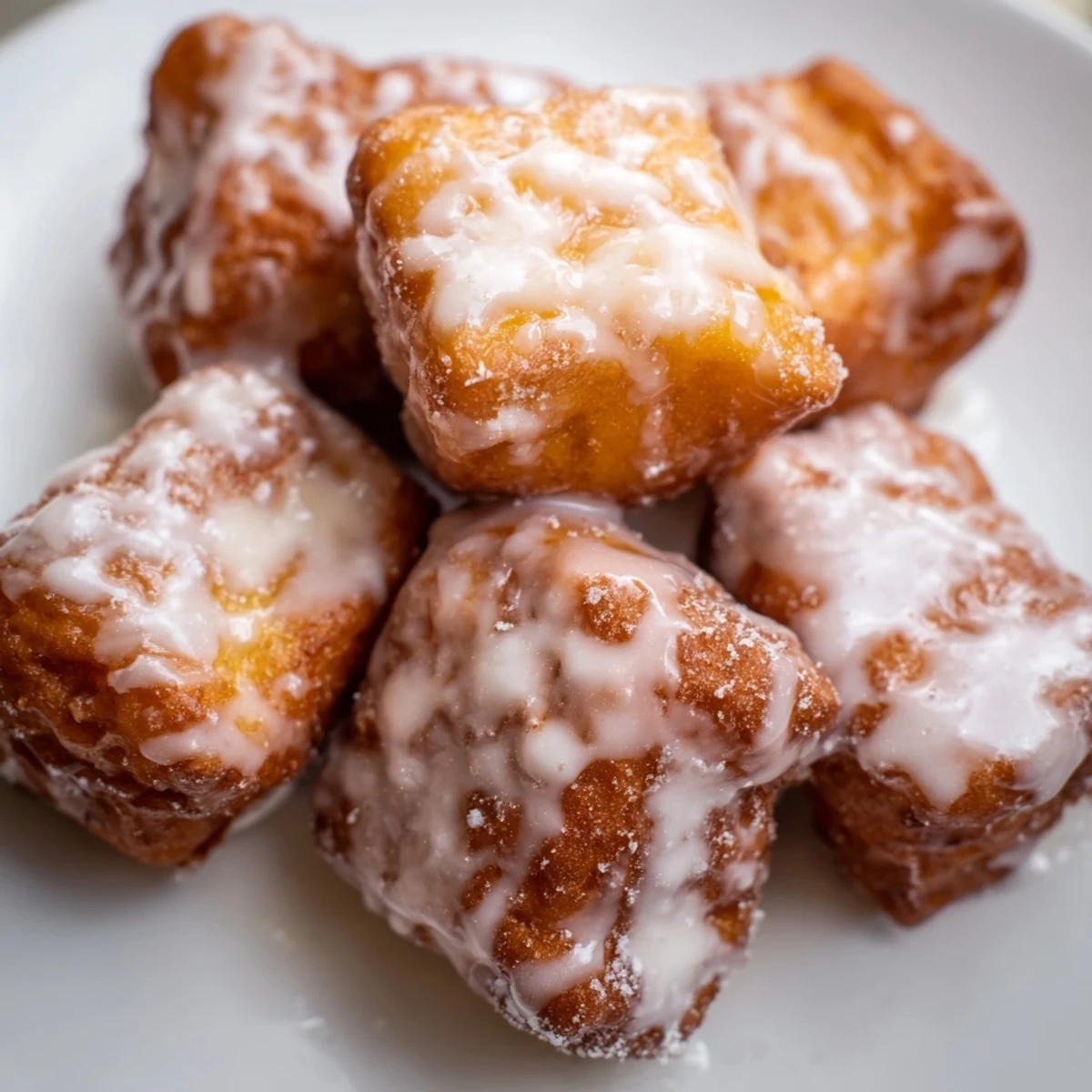Light and fluffy glazed buttermilk beignet squares dusted with powdered sugar on a wooden cutting board