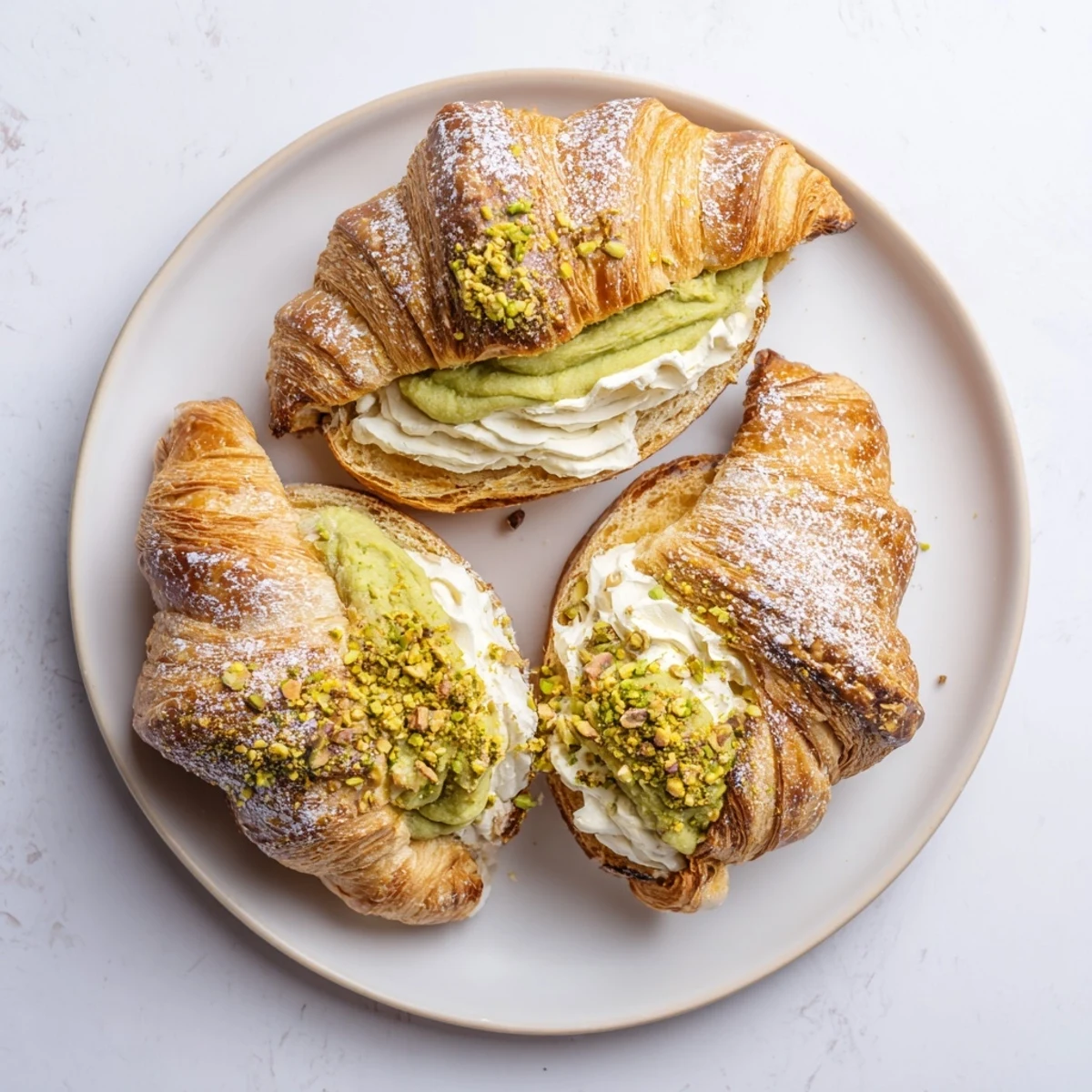 Golden flaky pistachio croissants filled with creamy nutty pistachio cream on a rustic wooden board