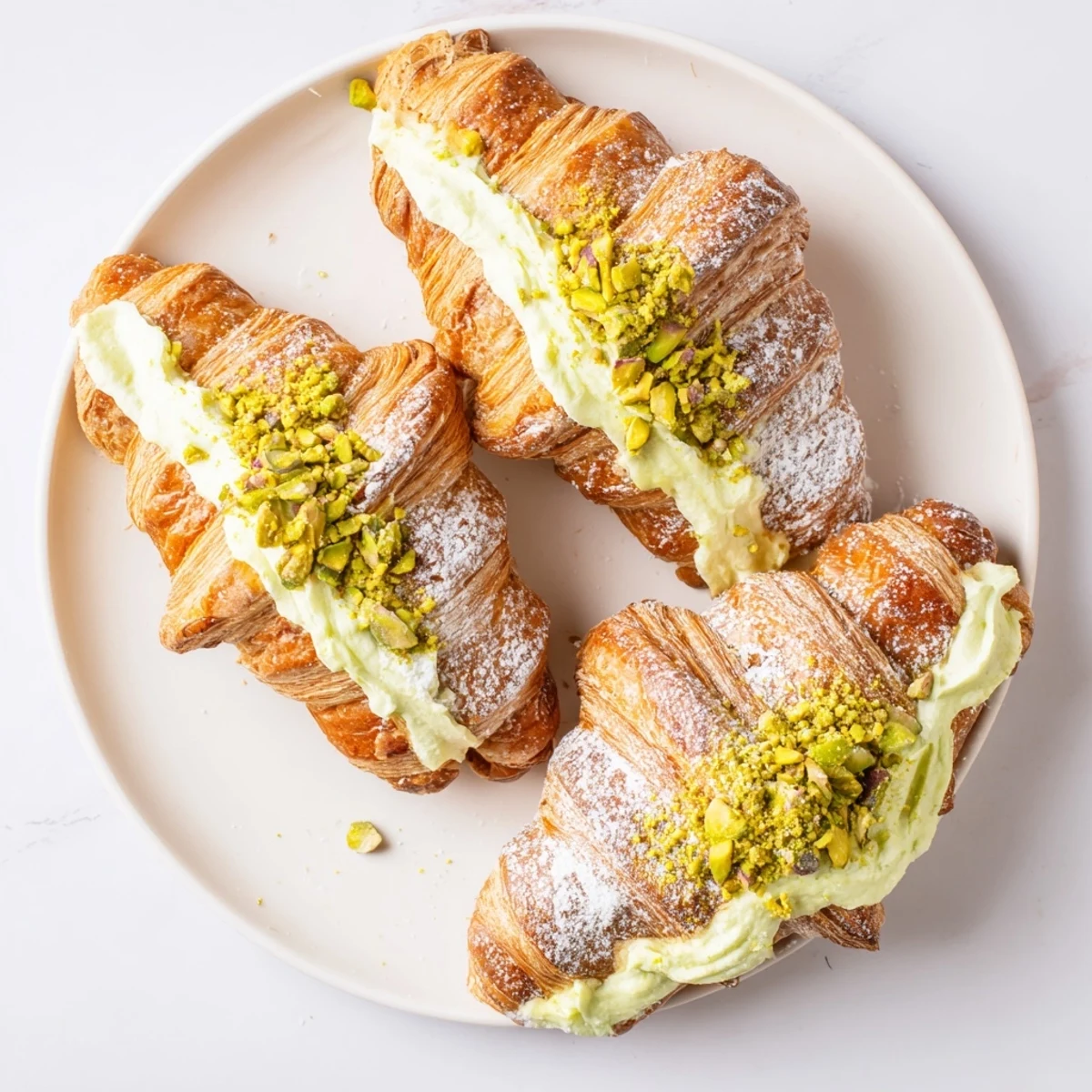 Freshly baked pistachio croissants dusted with powdered sugar and topped with chopped green pistachios