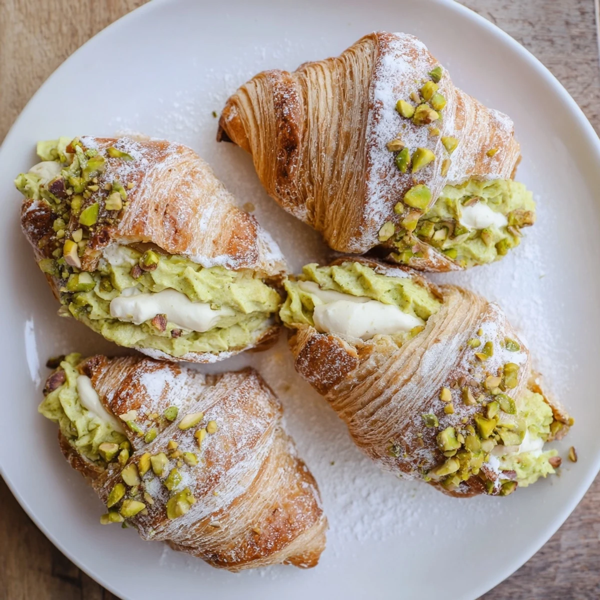 Buttery French breakfast pastry featuring luscious pistachio cream filling baked to golden perfection