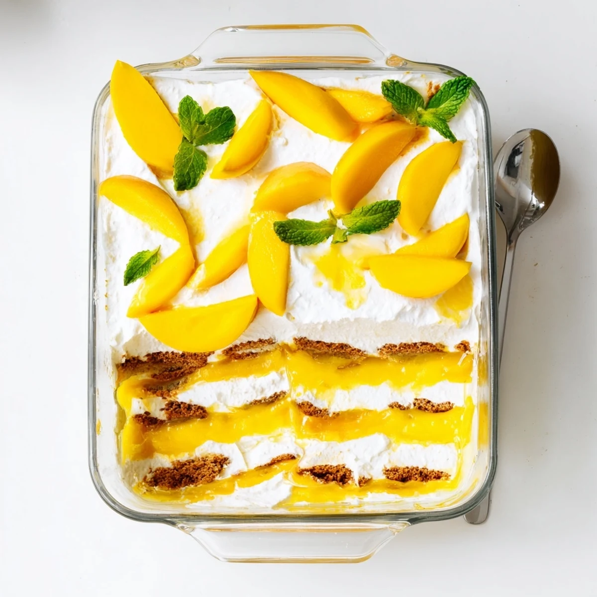 Tropical Mango Tiramisu featuring vibrant mango puree layers topped with fresh sliced mango