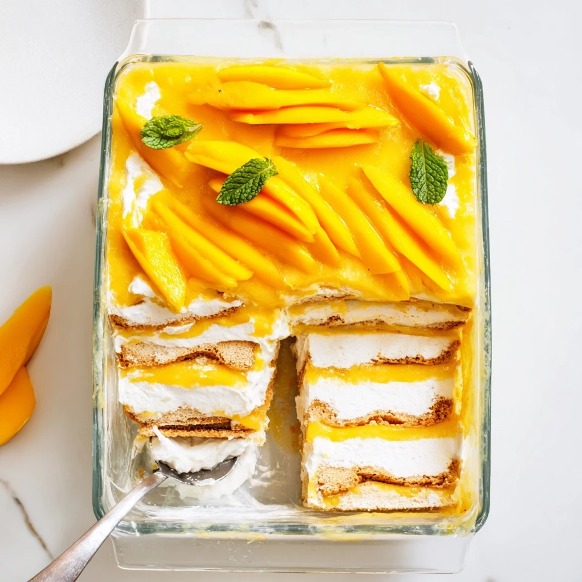 Golden Mango Tiramisu dessert layered with coffee soaked ladyfingers and creamy mascarpone