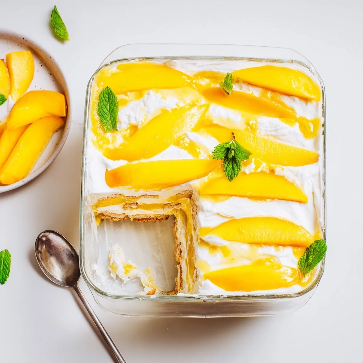 Creamy Mango Tiramisu in a glass dish garnished with mint leaves and mango slices