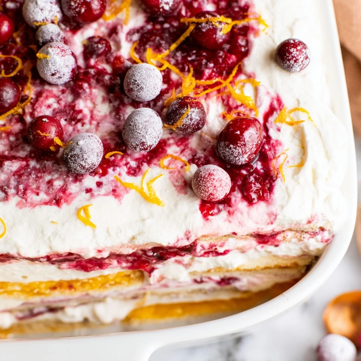 Layered Cranberry and Orange Tiramisu with creamy mascarpone and tart red compote swirled throughout