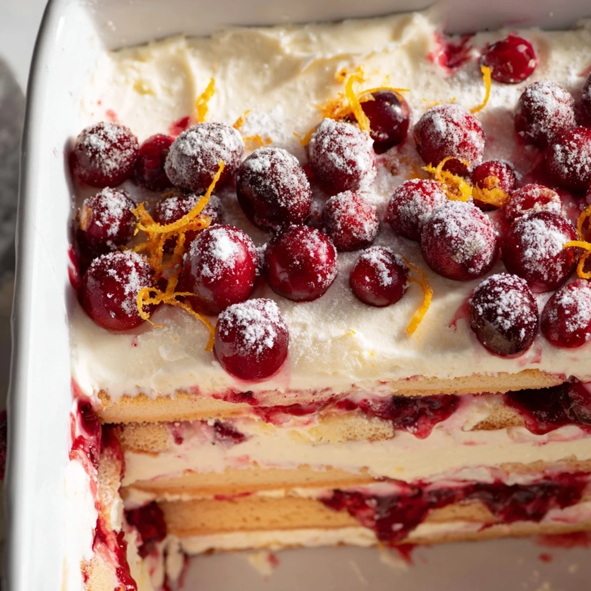 Festive holiday Cranberry and Orange Tiramisu dusted with powdered sugar and garnished with fresh orange zest