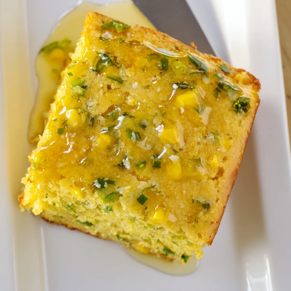 Warm southern cornbread studded with fresh jalapeños topped with tangy honey glaze