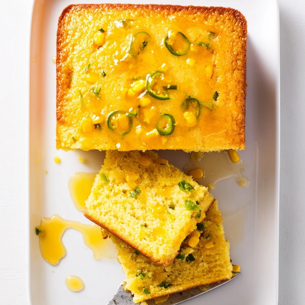 Golden spicy jalapeño cornbread squares drizzled with sweet lime honey glaze