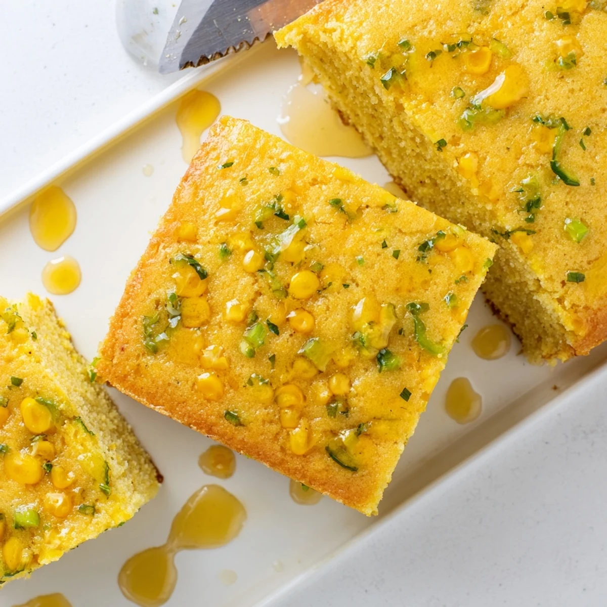 Moist jalapeño cornbread with sweet lime honey glaze on a wooden serving board