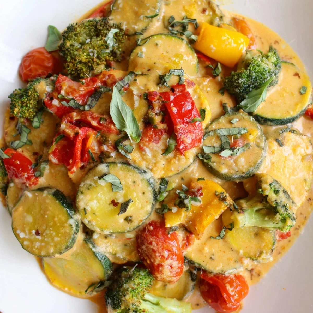 Golden roasted vegetables drizzled with creamy sun-dried tomato sauce on a white serving platter