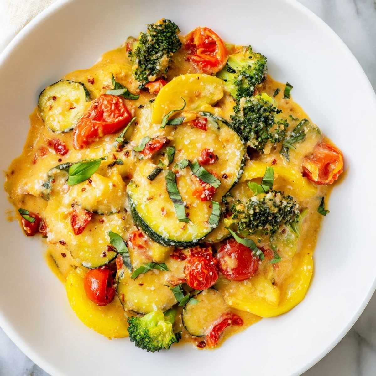  Oven-baked zucchini peppers and broccoli coated in rich parmesan tomato cream sauce garnished with herbs