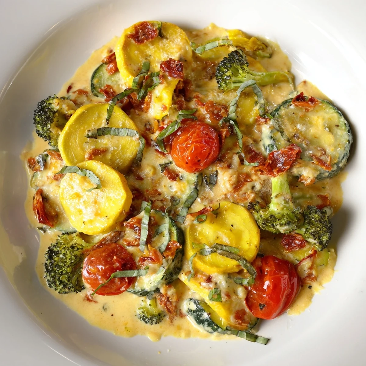 Colorful Marry Me roasted vegetable medley arranged in a rustic bowl topped with fresh basil