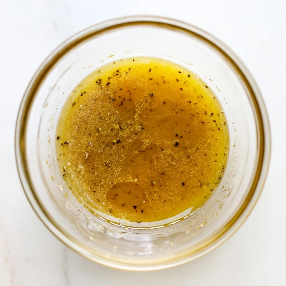 Golden honey lemon vinaigrette drizzled over fresh mixed greens in a white bowl