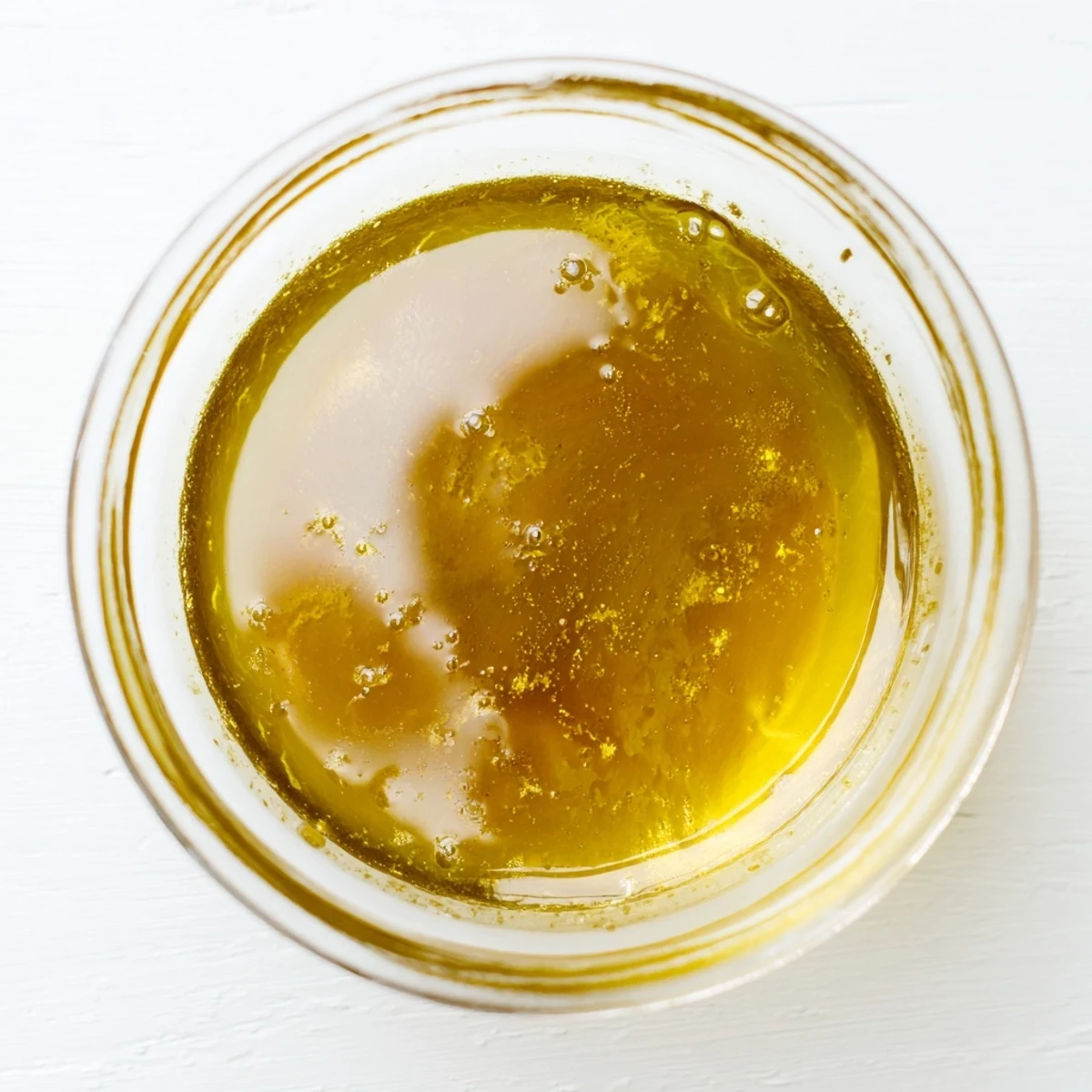 Creamy honey lemon vinaigrette emulsified in a glass jar with whisk and olive oil