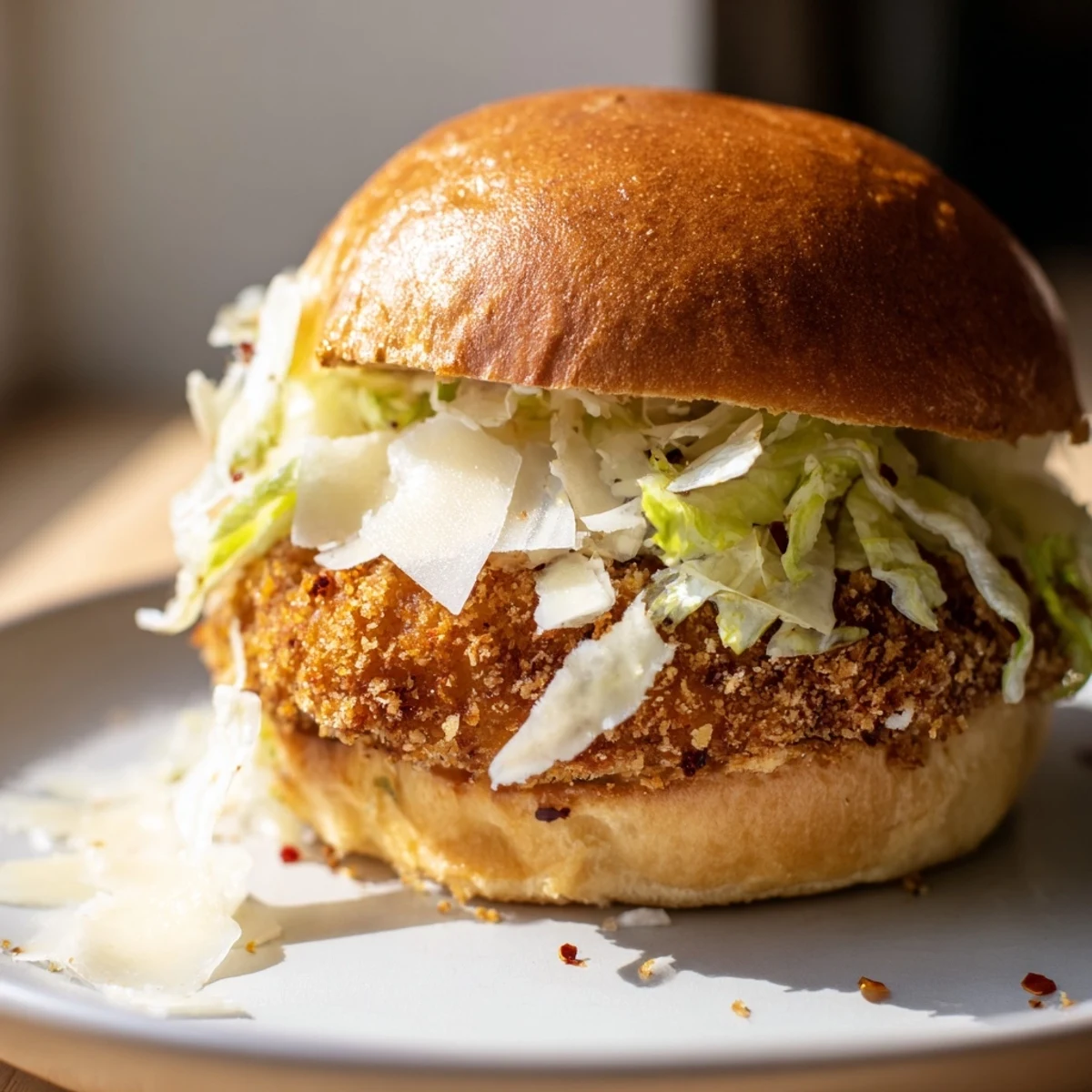 Golden fried chicken breast nestled in toasted bun with crisp romaine and creamy Caesar dressing