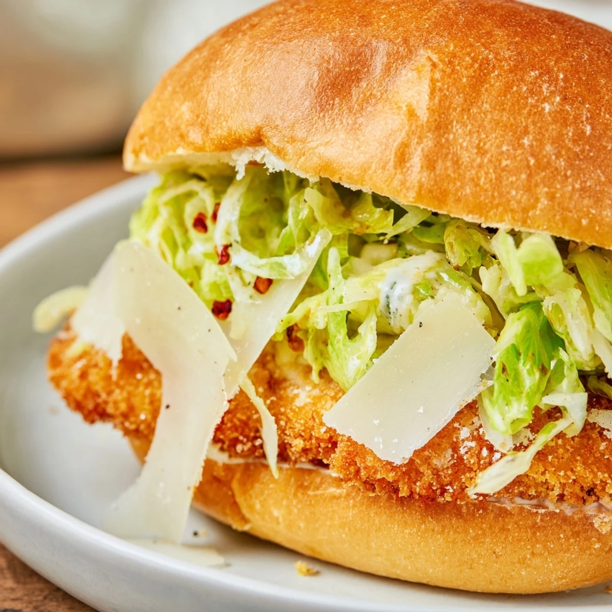 Crispy chicken Caesar sandwich stacked with lettuce, Parmesan shavings, and tangy dressing on brioche bun
