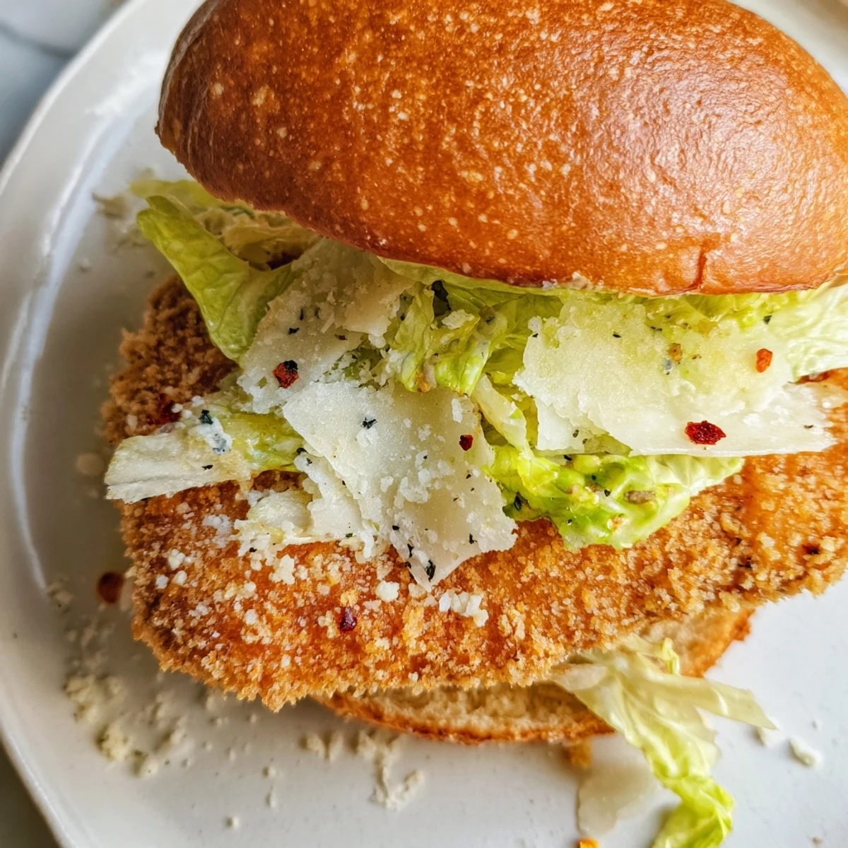 Toasted sandwich overflowing with golden crunchy chicken fillet, cool lettuce, and savory Caesar dressing