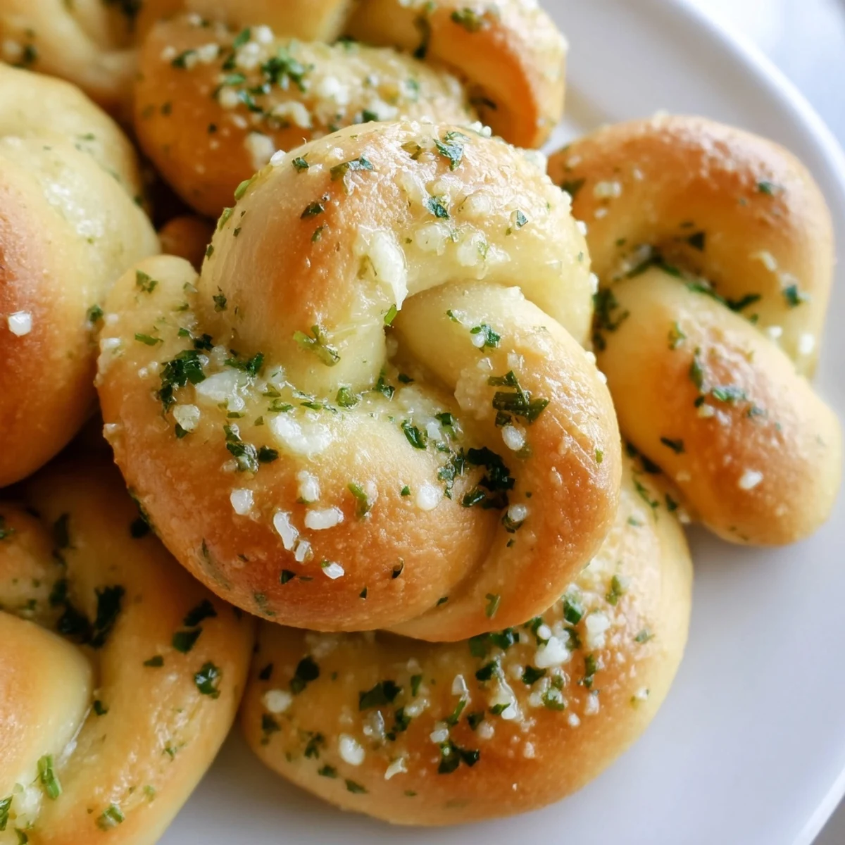 Warm gluten-free garlic knots topped with fresh herbs and savory garlic butter glaze
